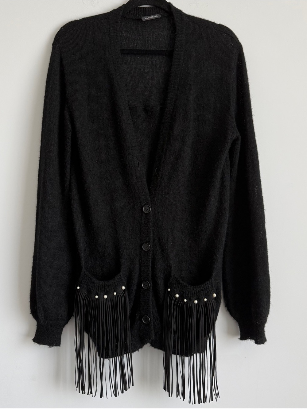 Wandering Black Fringe Pocket Cardigan with Stud Accents